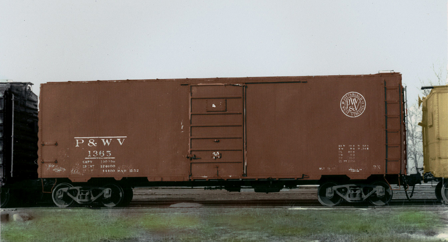 P&WV 1365, PS1 Zanesville, Ohio 2/55.  Box car red with white reporting marks.